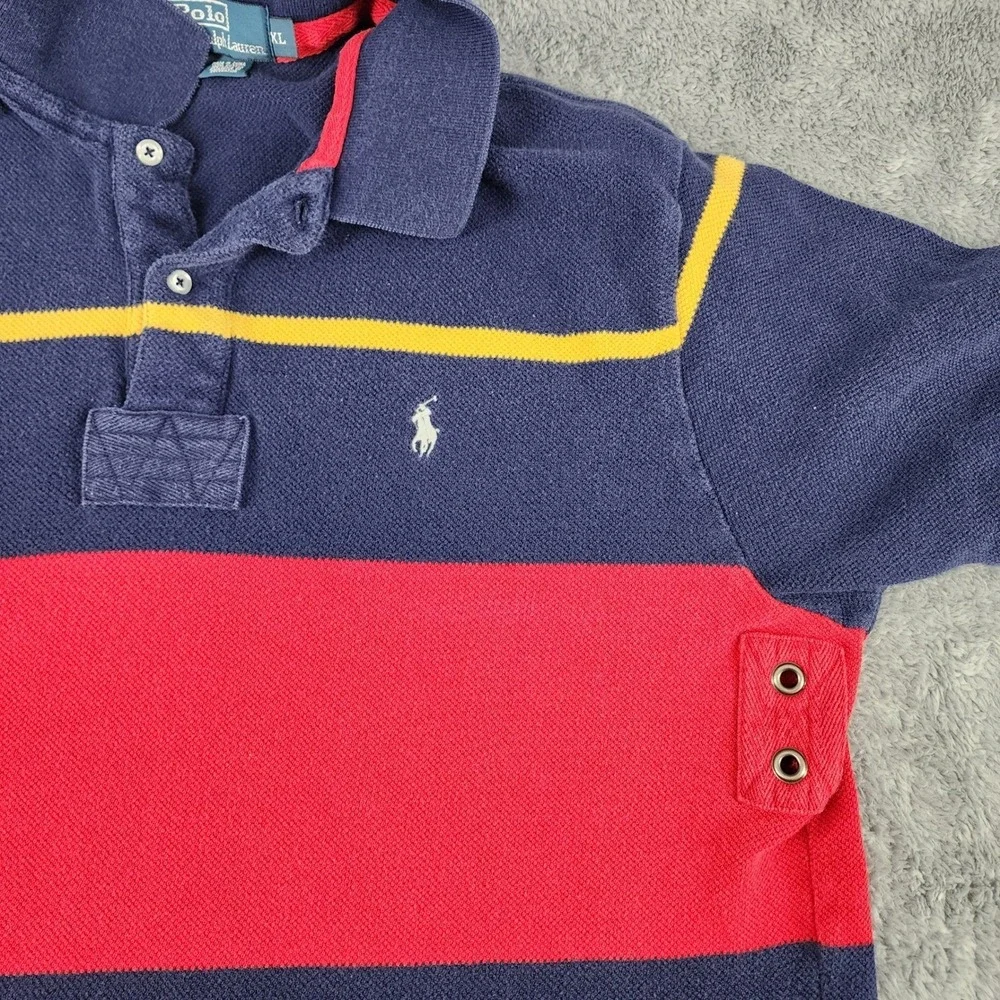 Polo Ralph Lauren Polo Shirt Mens XL Navy Striped Rugby Venting Pony 90s Vintage
